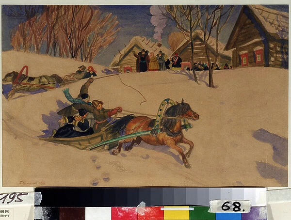 Mardi Gras (Shrovetide). Des enfant rejouis filent dans des traineaux tires par des chevaux, sur la neige, devant le village aux maisons de bois. Les adultes rassembles les saluent