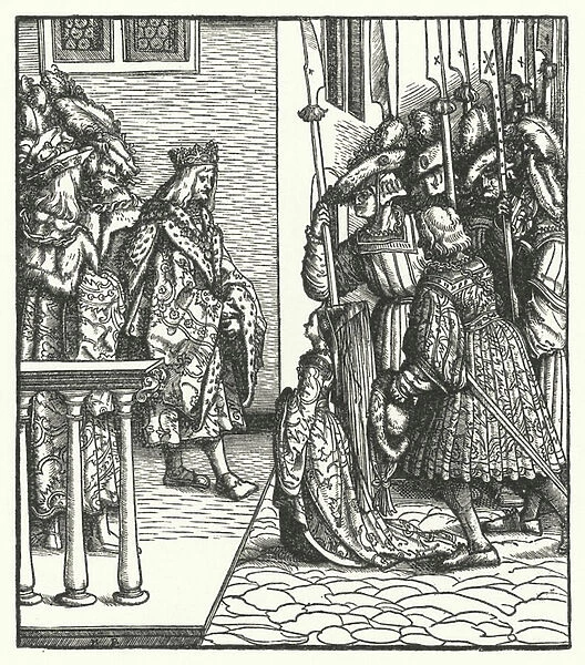 Margaret of Austria, daughter of Archduke Maximilian of Austria, delivered to the guardianship of King Louis XI of France, 1483 (engraving)