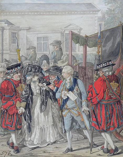 Margaret Nicholson Attempting to Assassinate His Majesty, George III (1738-1820), at the Garden Entrance of St. Jamess Palace, 2nd August 1786 (pencil, pen and black ink, w  /  c and bodycolour on paper)
