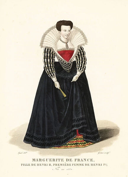 Margaret of Valois, Marguerite de France, daughter of King Henry II, first wife of King Henry IV, 1552-1615. Portrait from 1572 showing her in high upright lace collar, Spanish court dress with corset, vertugadin or farthingale, pearl necklace
