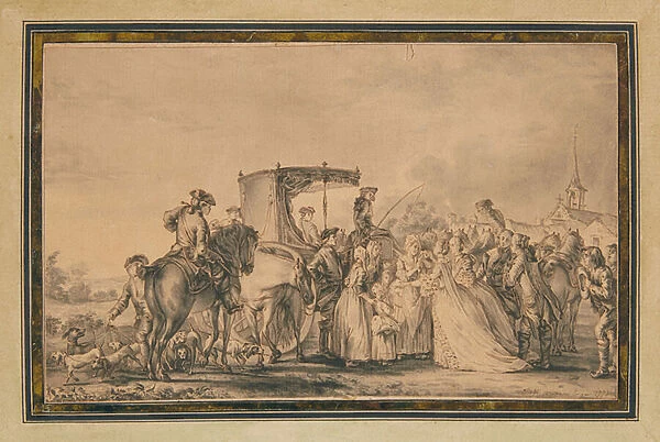 Marie Antoinette, exiting her carriage and surrounded by her cortege
