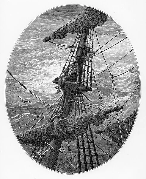 The Mariner up the mast during a storm, scene from The Rime of the Ancient Mariner by S