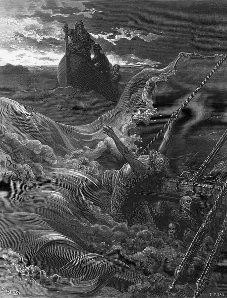 The mariner, as his ship is sinking, sees the boat with the Hermit and Pilot, scene