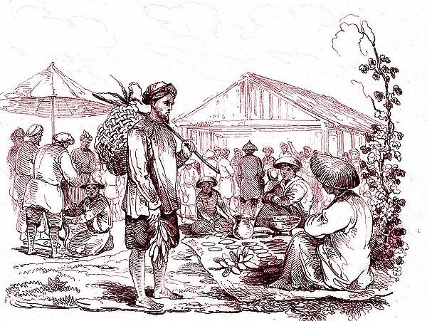 Market in a little village in Conchinchina, Mekong delta (Now Vietnam), James Cook travels, 1835 (Print)
