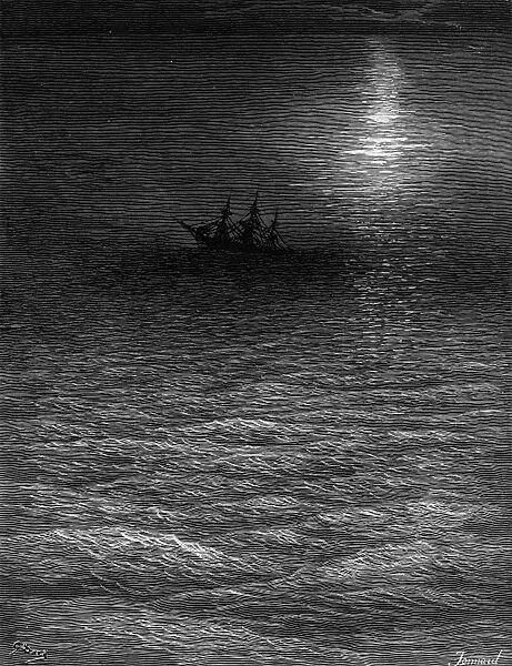 The marooned ship in a moonlit sea, scene from The Rime of the Ancient Mariner by S