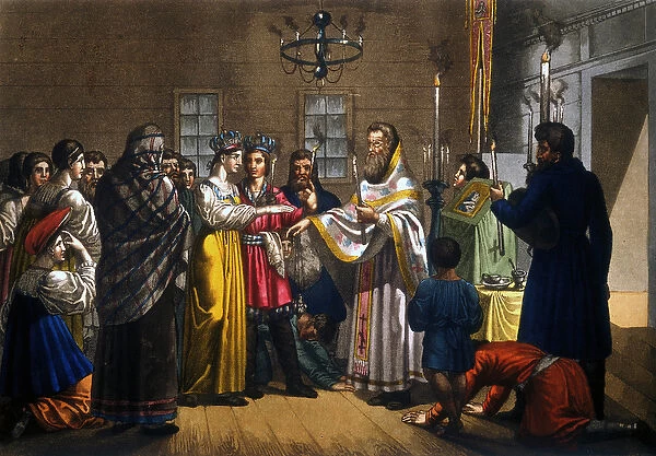 Marriage of Russian peasants celebrated according to the Orthodox rite, 19th century
