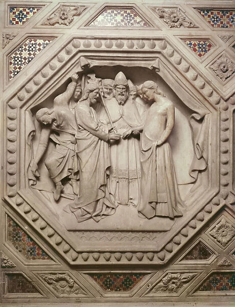 The Marriage of the Virgin, detail from the base of the Tabernacle, 1349-59 (marble)