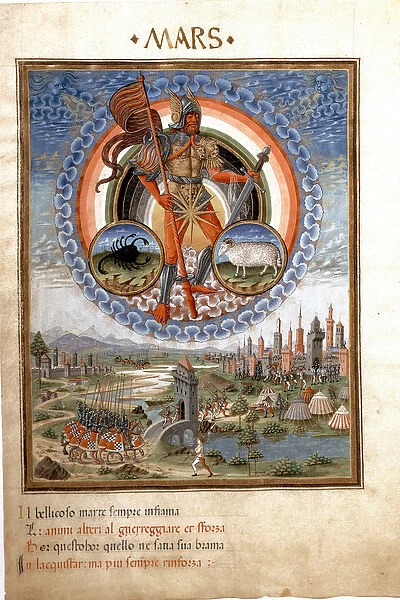 Mars with the zodiac signs of scorpion and belier. The battle scenes. (miniature, c. 1470)
