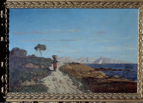 Around Marseille in 1866: sea landscape with woman carrying a basket on her head