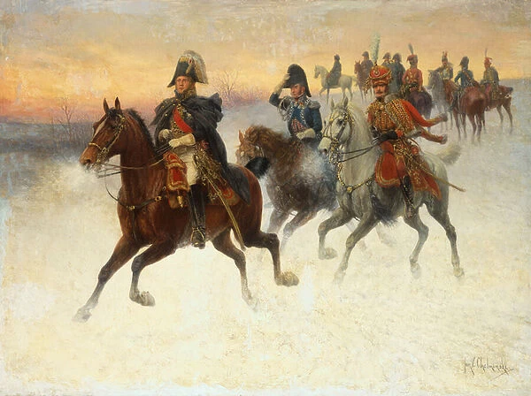 Marshal Ney and Napoleon and their Troops during the Russian campaign (oil on canvas)