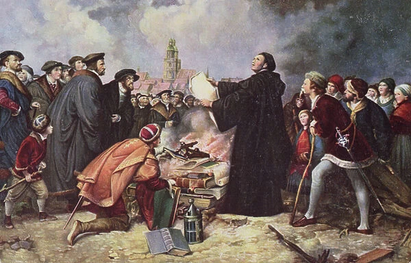 Martin Luther (1483-1546) Burning the Papal Bull (colour litho)