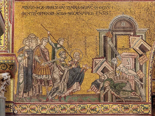 The martyrdom of St Cassius and St Casto-The destruction of the temple and the idol of Apollo, Byzantine mosaic, XII-XIII century, on the counter-facade (mosaic)