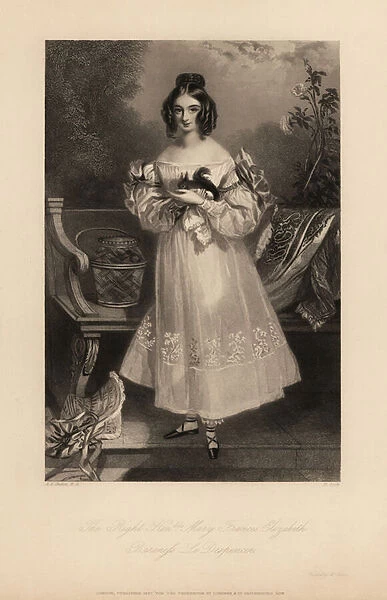 Mary Frances Elizabeth Stapleton, 17th Baroness le Despencer, aged 15. Later wife of Evelyn Boscawen, 6th Viscount Falmouth. Hair in ringlets, wearing an off-the-shoulder dress with ribbons and lace, lace bloomers, holding a pet squirrel