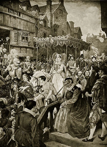 Mary Queen of Scots enters Edinburgh, 1561, illustration from Hutchinson
