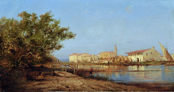 Mas a Martigues. Painting by Felix ZIEM (1821-1911). Oil on canvas. Dim: 29x55cm. Mandatory mention: Collection fondation regards de Provence, Marseille