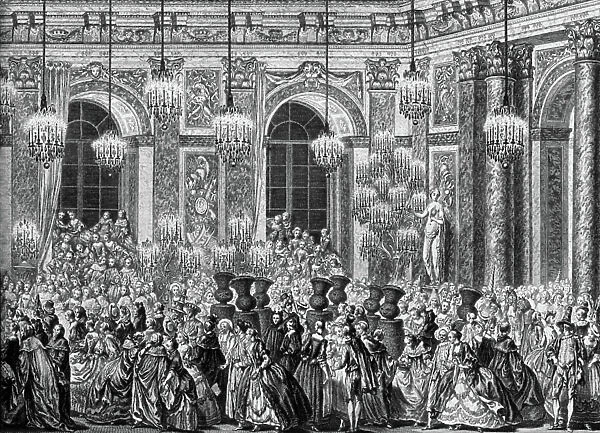 masked ball in Hall of mirrors in Versailles castle for wedding of Dauphin of France Louis and spanish infant Marie-Therese february 23, 1745, engraving by Cochin