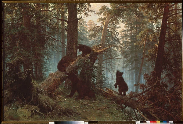 Matin dans une foret de pins (Trois oursons escaladent un arbre tombe, sous le regard de leur mere) - Morning in a pinewood - Peinture de Ivan Ivanovich Shishkin (Chichkine) (1832-1898), huile sur toile, 1889 - Art russe, 19e siecle