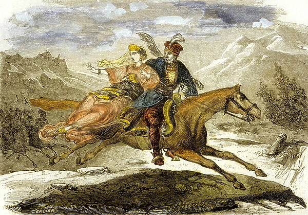 Maurice Beniowski, hungarian adventurer, kidnapping the daughter of the governor on horseback (coloured engraving)