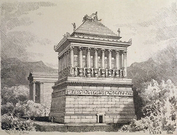 The Mausoleum of Halicarnassus, from a series of the Seven Wonders of the Ancient World. 1886 (engraving)