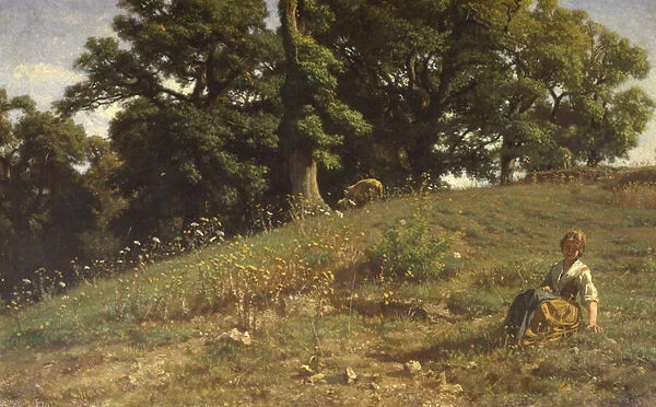 Meadow with oak and peasant (oil on canvas)