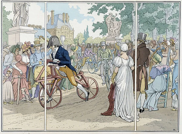 Means of transport: The celerifer or draisienne, invented by Baron Carl Drais von Sauerbronn (1785 - 1851) in 1816. In 'the locomotion through the ages'by Octave Uzanne. Paris, 1900. Illustration by Eugene Courbouin