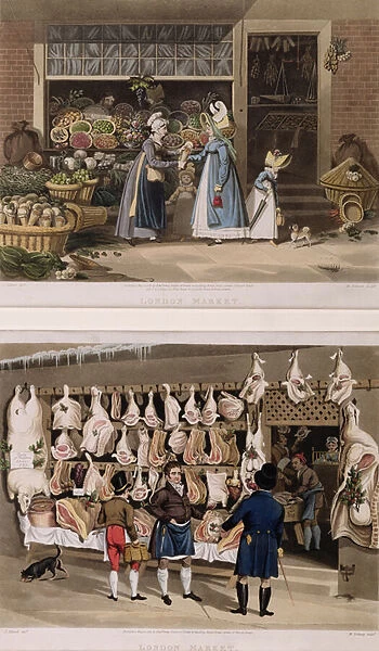 The Meat Stall and the Fruit Stall from the London Markets, engraved by M. Dubourg, 1822