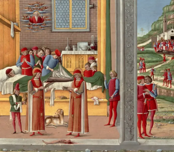 Framed Print : Medieval amputation scene (tempera on panel) Framed Print : Medieval amputation scene (tempera on panel)