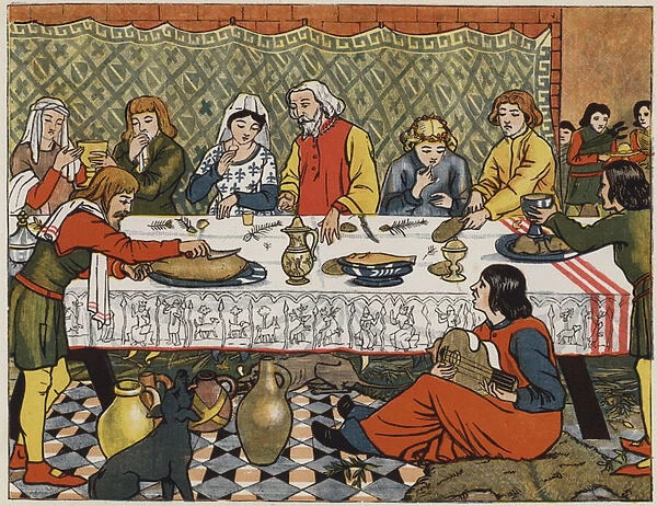 Medieval dinner (colour litho)