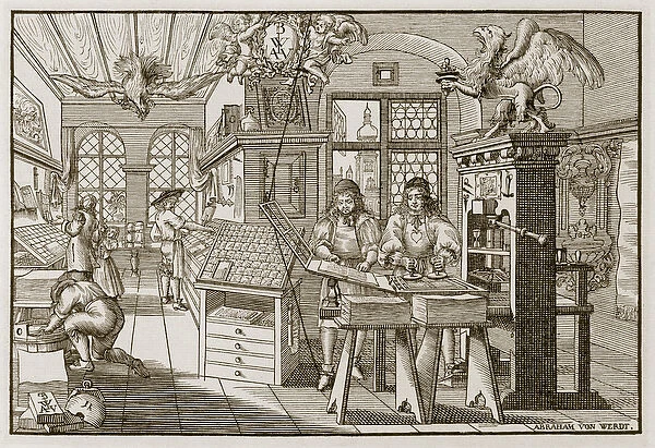 Medieval German printing press (engraving)