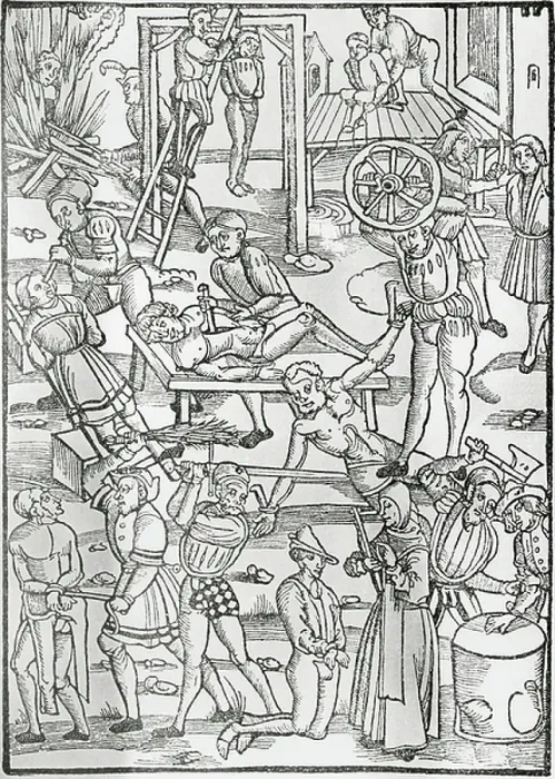Framed Print : Medieval methods of execution and tortures, woodcut, from Der neu Leyenspiegel, by Ulrich Tengler (1447-1511), printed by Johann Schoeffer, 1508, Mainz