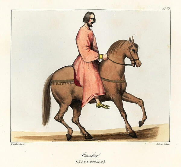 Medieval soldier in long tunic on horseback