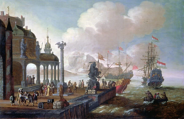 Mediterranean Harbour Scene (oil on canvas)