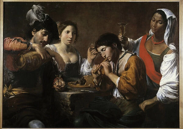 Meeting in a cabaret Painting by Valentin de Boulogne (1591-1632) 17th century Sun