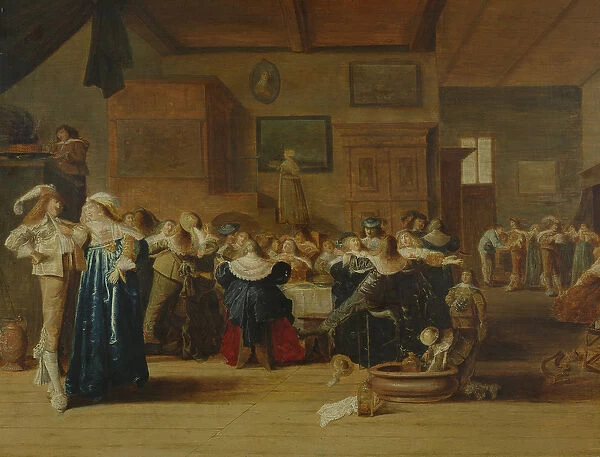 Meeting in an interior (oil on canvas)