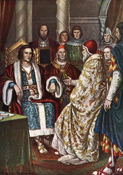 The meeting between king of Franks Pepin the Brief (715-768) and Pope Stephen (Stephanus) II (752-757) on 6  /  01  /  754 at Ponthion near Vitry-le-Francois (Marne) which will lead to the donation of Pepin (or deals with Quierzy)