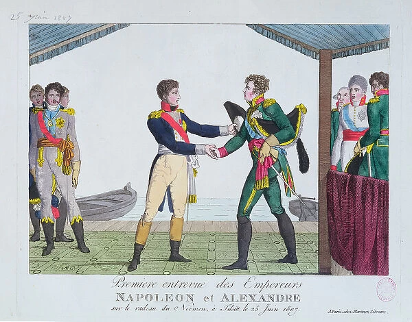Meeting between Napoleon I and Alexander I, at Tilsit, 25 June, 1807 (coloured engraving)