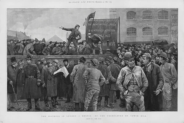 Meeting of unemployed workers on Tower Hill, London (litho)