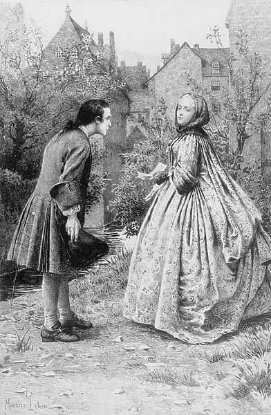 Meeting of young Jean-Jacques Rousseau and future close friend Madame de Warens, 21st March 1728 (engraving)