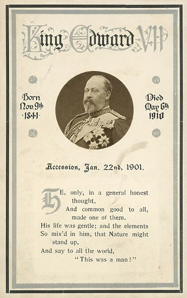Memorial card, King Edward VII (b  /  w photo)