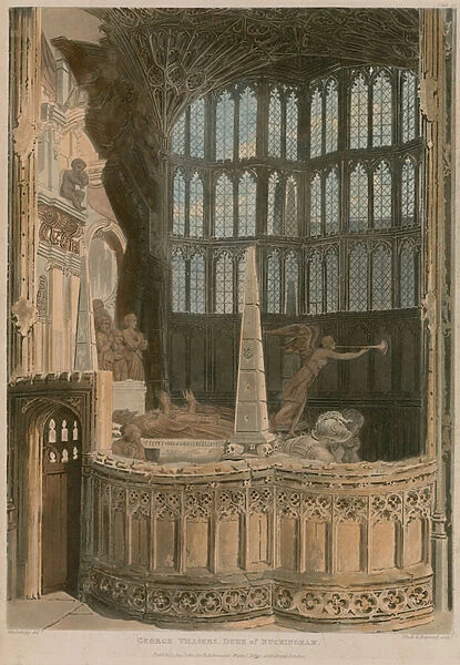Memorial to George Villiers, Duke of Buckingham, Westminster Abbey, London (coloured engraving)