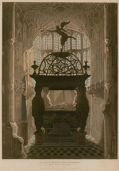 Memorial to Lewis Stuart, Henry the Seventh Chapel, Westminster Abbey, London (coloured engraving)