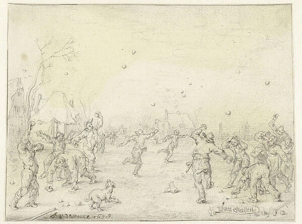 Men and boys throwing snowballs, 1638 (graphite & ink on paper)