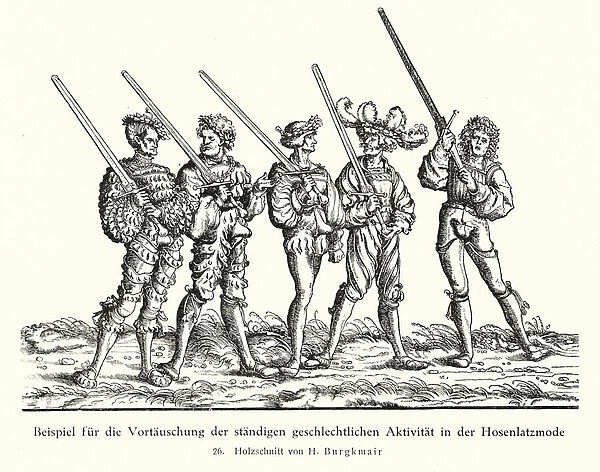 Five men carrying swords (woodcut)