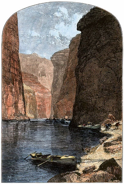 The men of the Geographic Expedition of John Wesley Powell (1834-1902) moored their boats on the banks of Colorado in the Marble Canyon (California), circa 1870 - Colorized engraving, 19th century - Powell's men mooring their boats in Marble Canyon