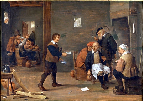 Men heating themselves in front of the fireplace in a bistro by David Teniers