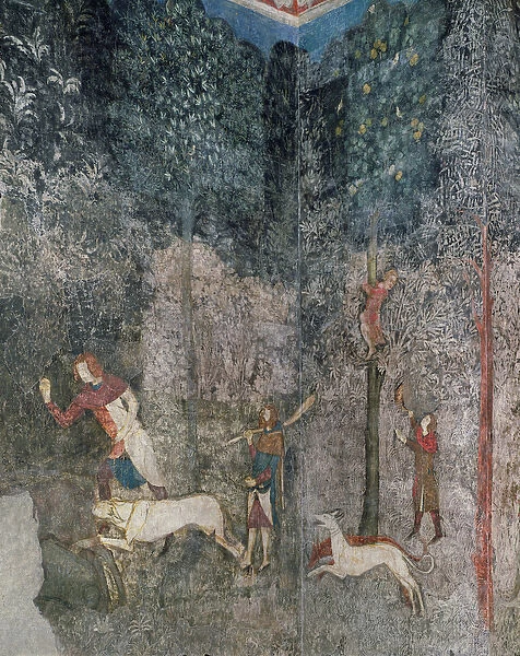 Men hunting with dogs, detail from La Chambre du Cerf (Stag Room) 1343 (fresco)