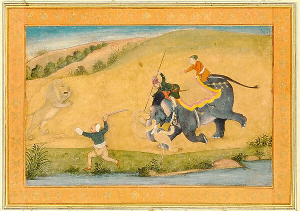 Three men lion hunting, from the Large Clive Album