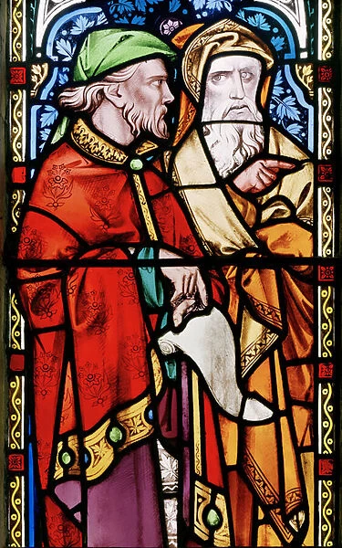 Two men listening to John The Baptist Preaching, detail from the east window