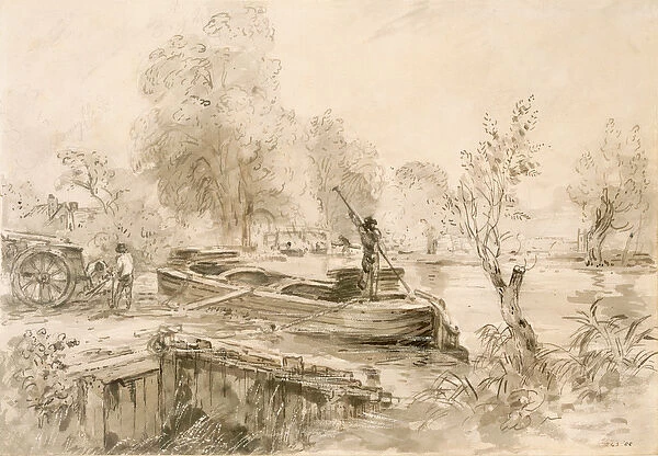 Men loading a barge on the Stour, 1827 (pencil, pen & grey wash on paper)