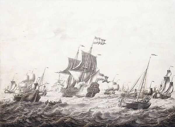 Men-of-War Breaking Fishermens Nets, (oil on panel-a penschilderij)